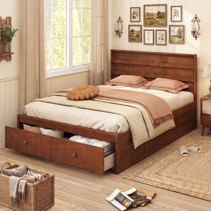 Full Size Wooden Platform Bed Frame with Storage Drawers-Walnut view 3