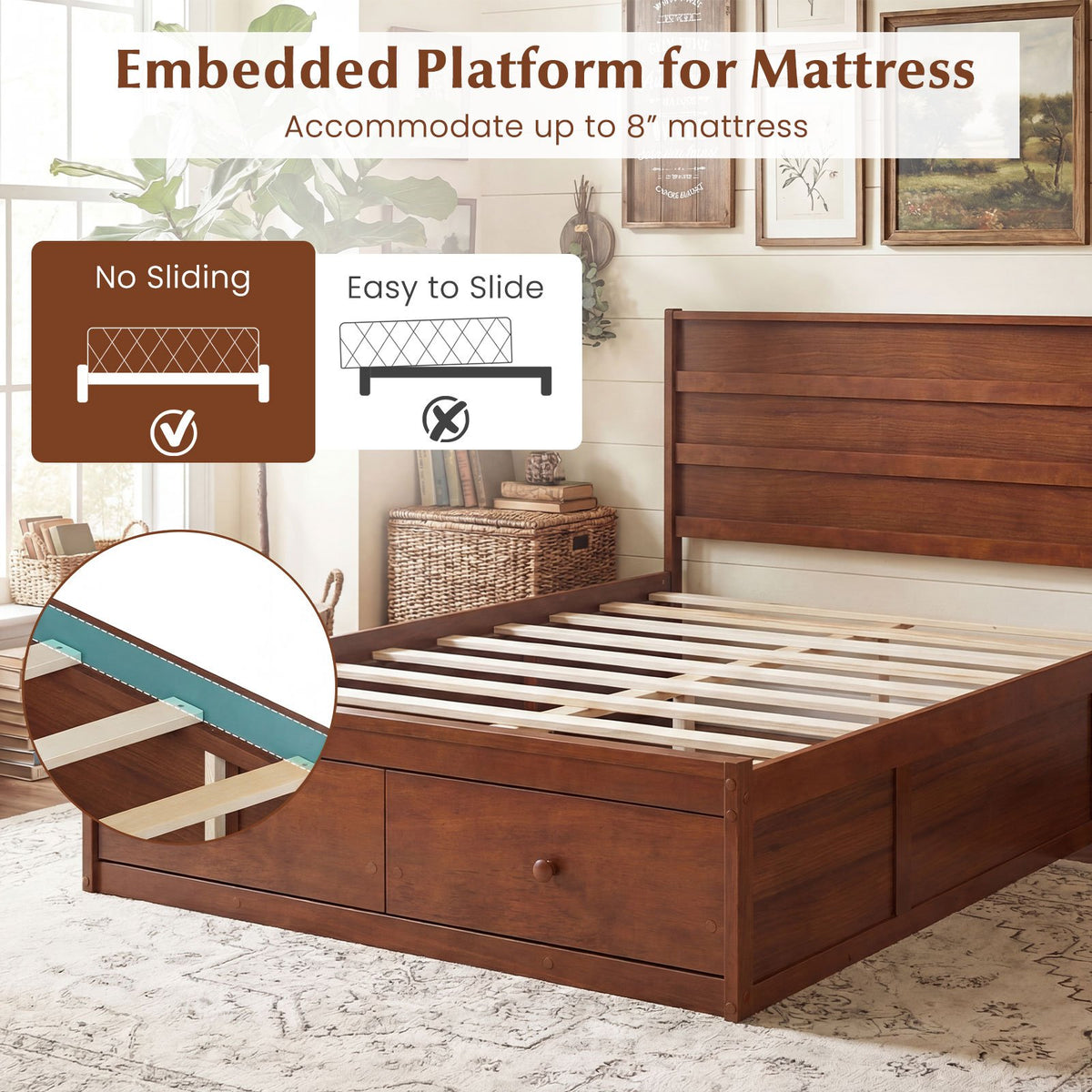 Full Size Wooden Platform Bed Frame with Storage Drawers-Walnut view 7