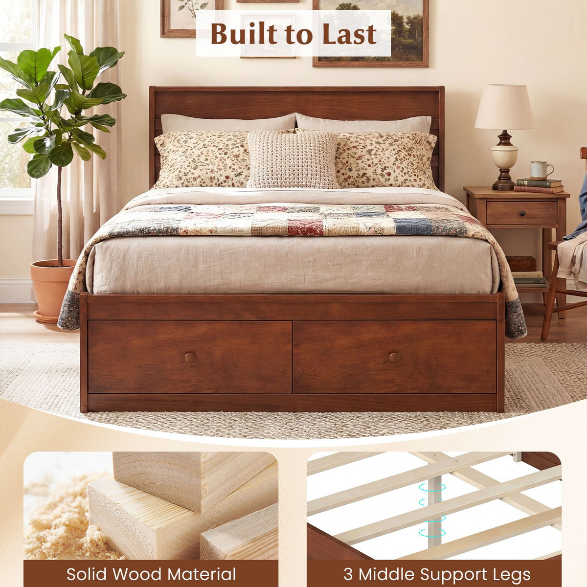 Full Size Wooden Platform Bed Frame with Storage Drawers-Walnut view 8