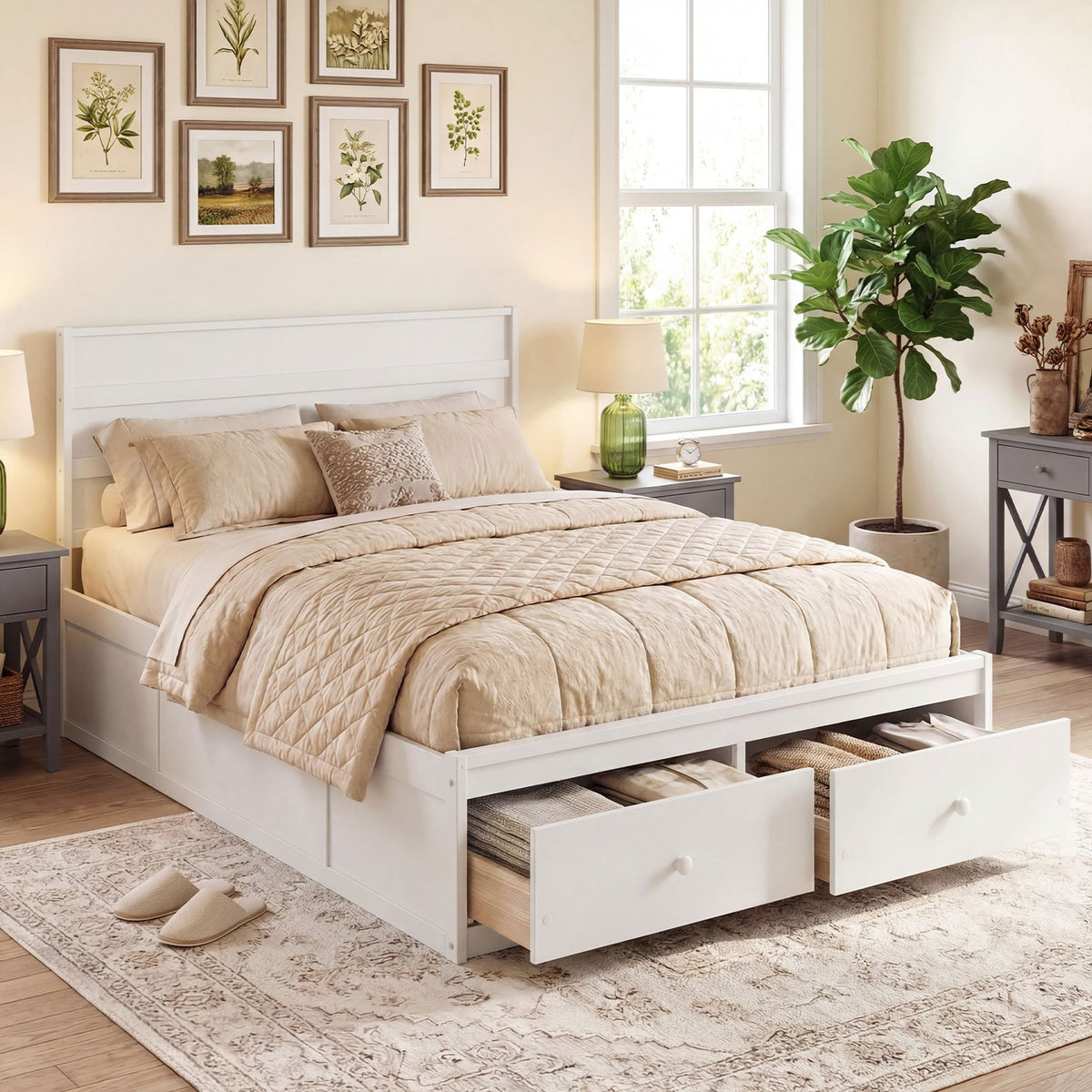 Full Size Wooden Platform Bed Frame with Storage Drawers-White view 2