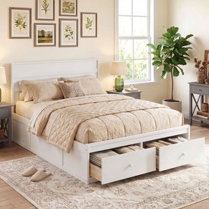 Full Size Wooden Platform Bed Frame with Storage Drawers-White view 2
