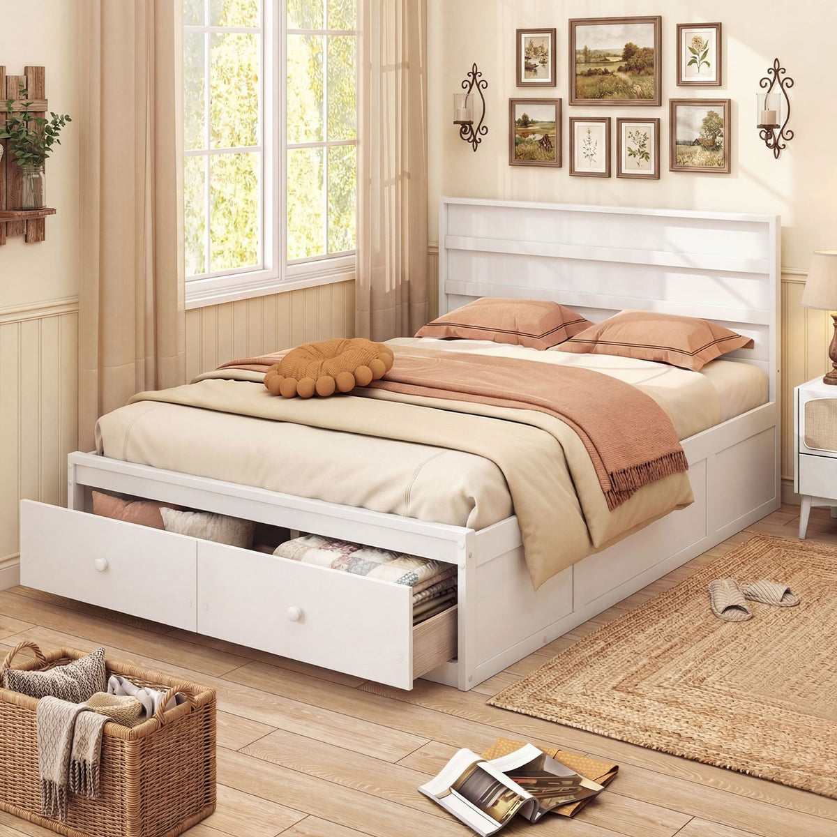 Full Size Wooden Platform Bed Frame with Storage Drawers-White view 3