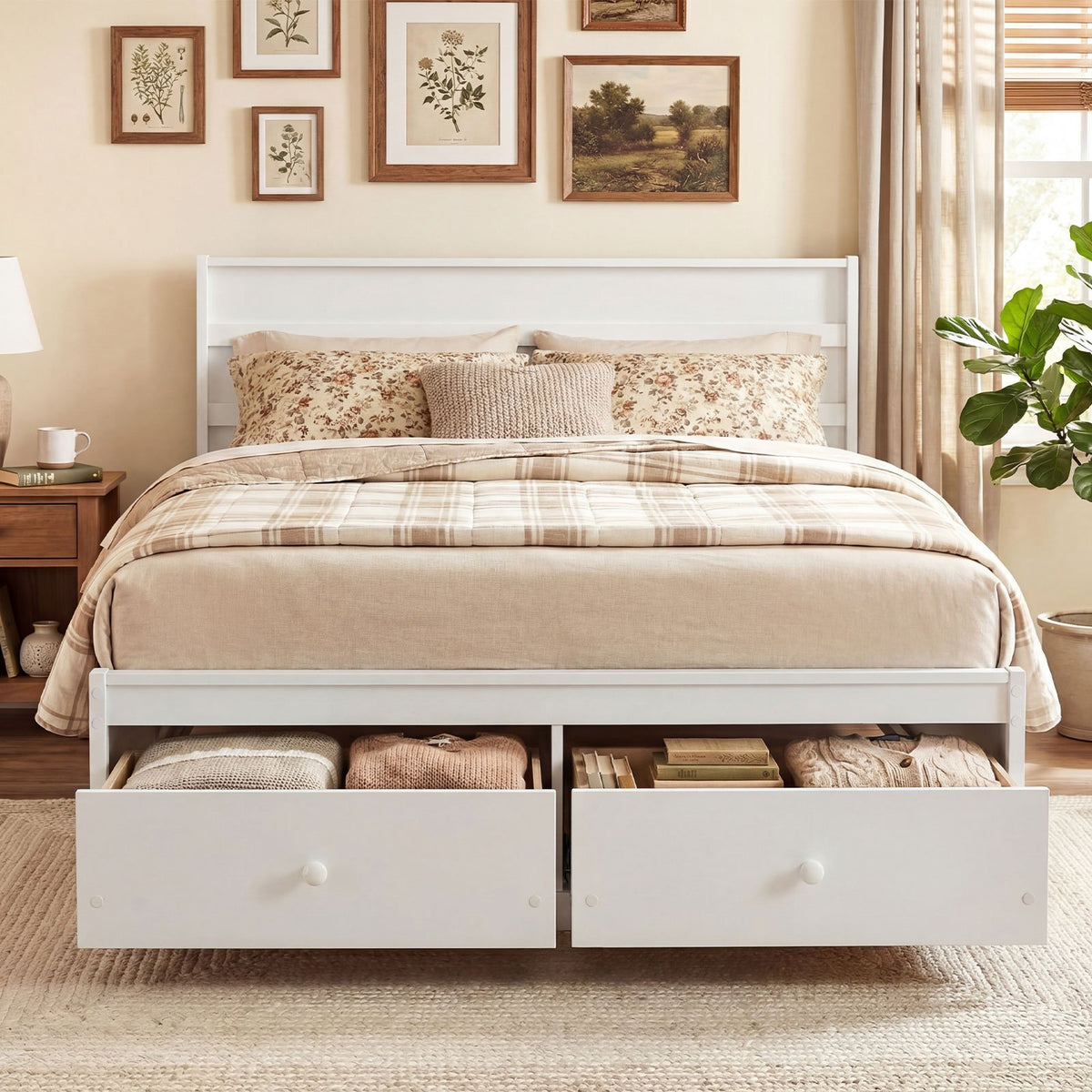 Full Size Wooden Platform Bed Frame with Storage Drawers-White view 9