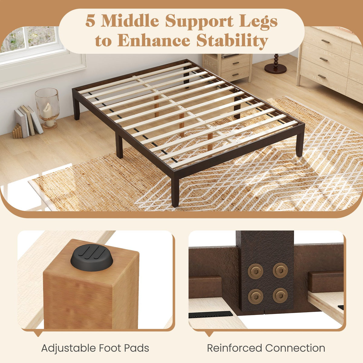 Full Wood Bed Frame with Wooden Slats Support and Rubber Wood Legs-Espresso view 7