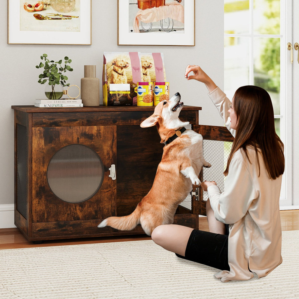 Furniture Style Dog Crate for Small and Medium Dogs with Translucent Window and Lockable Door-Rustic Brown view 3
