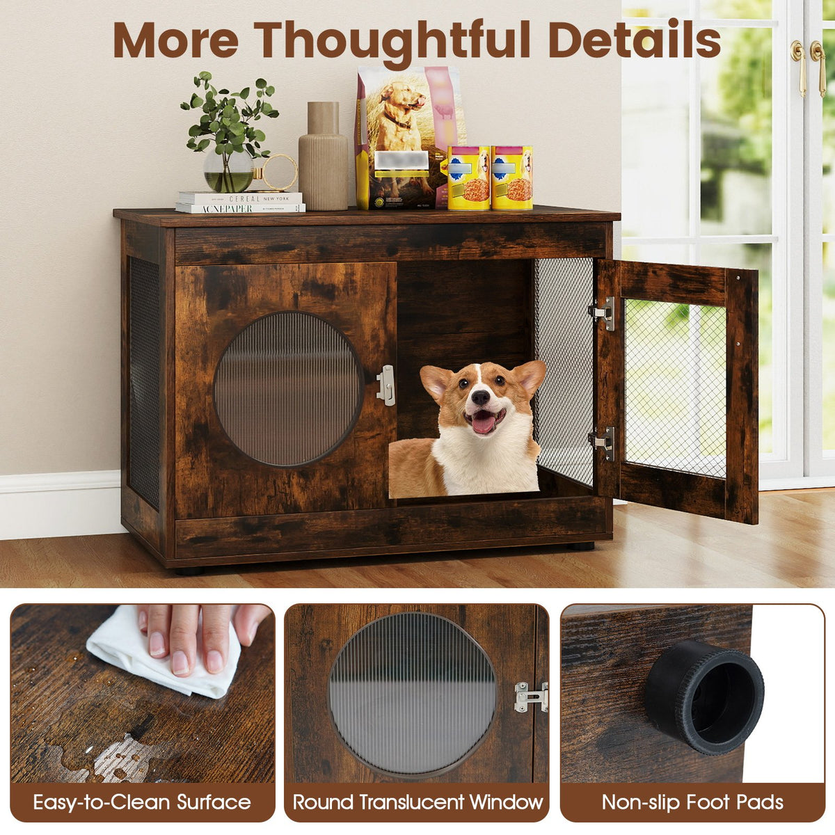 Furniture Style Dog Crate for Small and Medium Dogs with Translucent Window and Lockable Door-Rustic Brown view 9