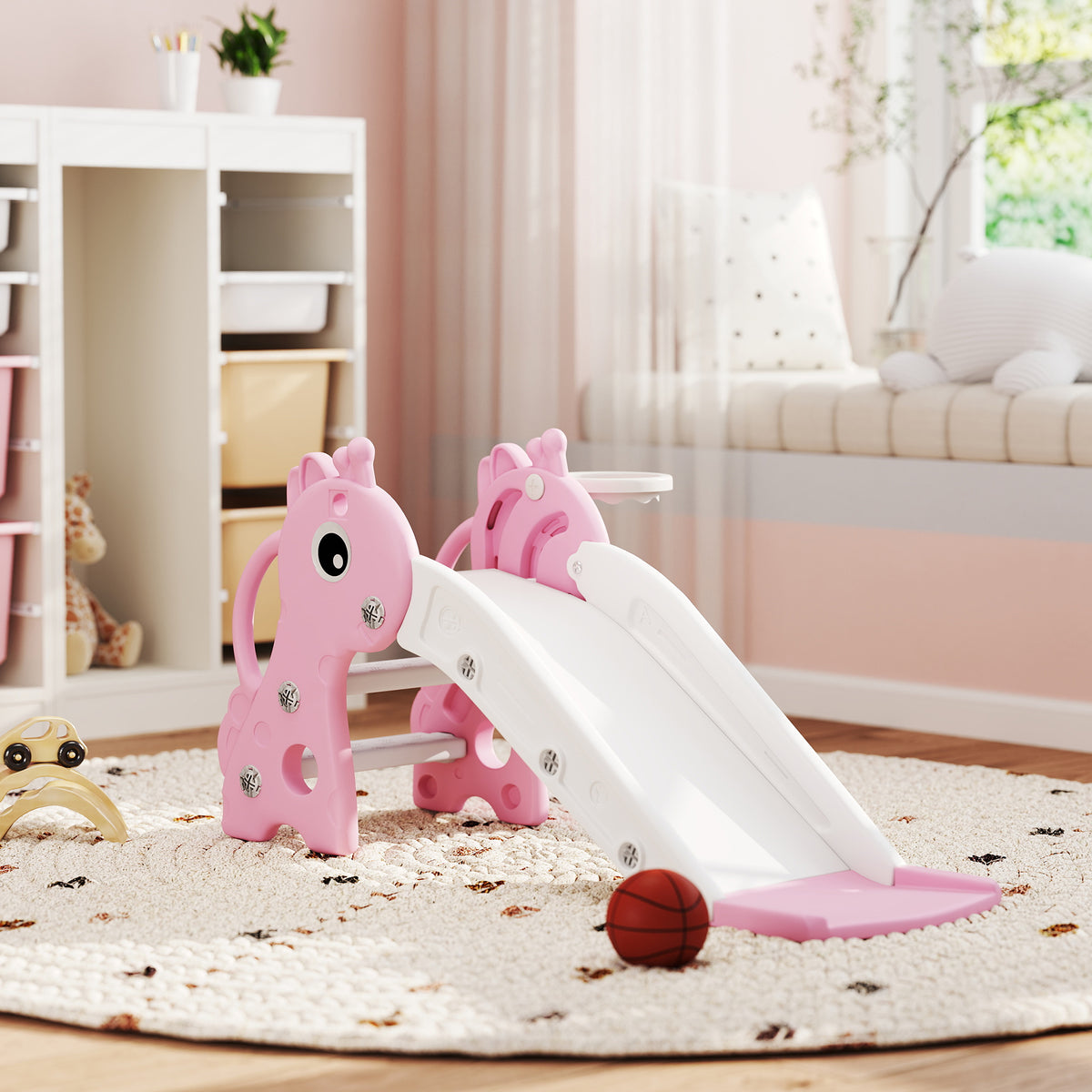 Qaba 3 in 1 Toddler Slide for Age 1-3, Kids Slide with Climber, Basketball Hoop and Ball, Giraffe Design