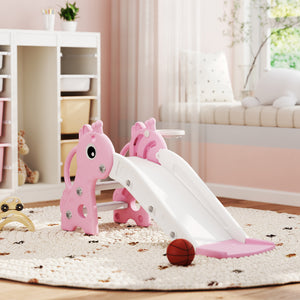 Qaba 3 in 1 Toddler Slide for Age 1-3, Kids Slide with Climber, Basketball Hoop and Ball, Giraffe Design