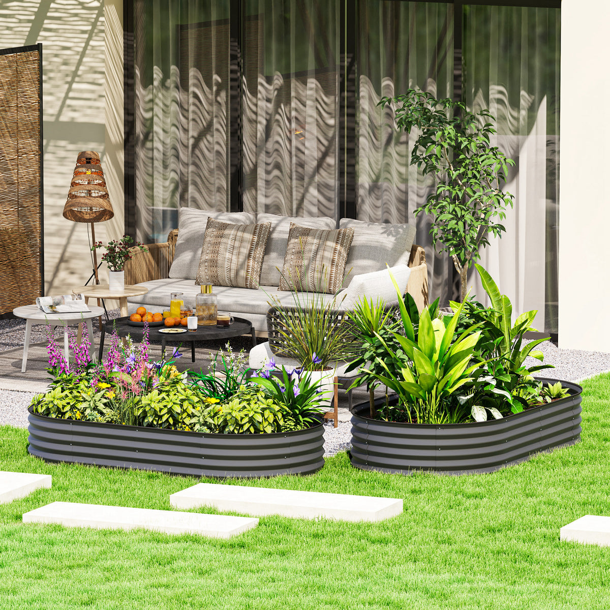 6' x 3' x 1' Large Outdoor Planter Box, Galvanized Raised Garden Bed with Metal Plant Stake, Dark Grey