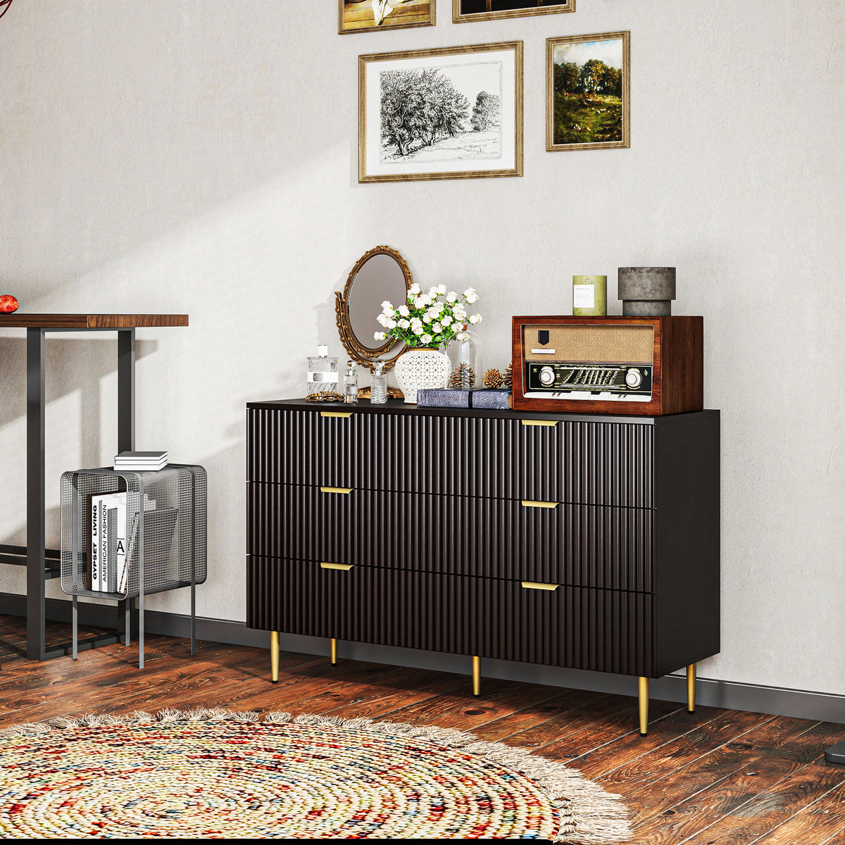 Modern Chest of Drawers 4 Drawer Dresser for Bedroom with Gold Legs and Handles, Black – view 21