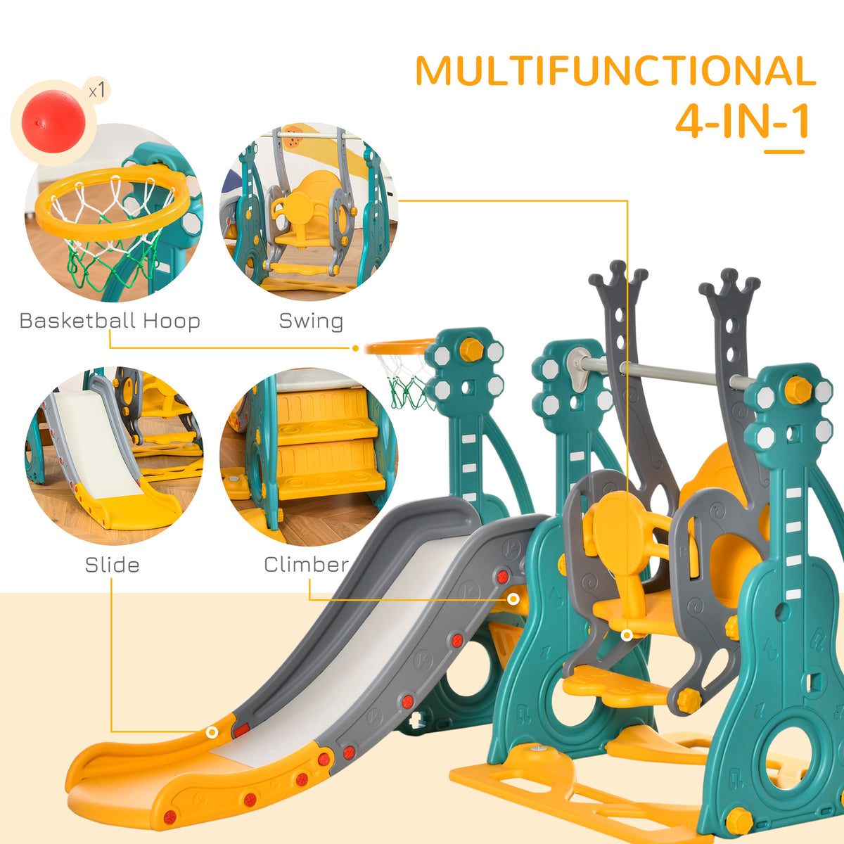 Qaba 4-in-1 Toddler Slide and Swing Set with Basketball Hoop and Adjustable Seat Height, Kids Play Climber Slide Playset for Indoor and Outdoor Playground Activity Center