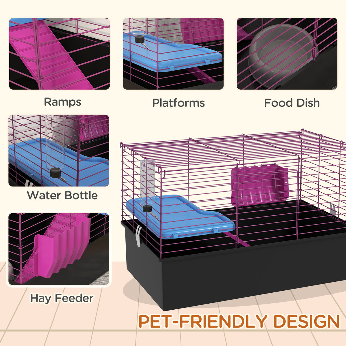 18.5" Small Animal Cage with Water Bottle, Food Dish, Platform, Ramp, Black – view 4