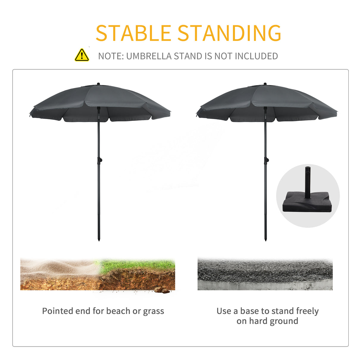 6ft Beach Umbrella, Outdoor Sun Shade Parasol with Push Button Tilt, Ruffled  UV50+ Vented Canopy, Dark Grey