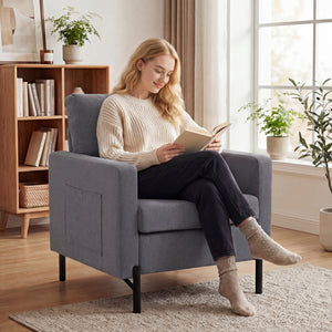 Accent Chair Modern Upholstered Armchair with Side Pockets and Cushion for Bedroom, Living Room, Beige – view 14