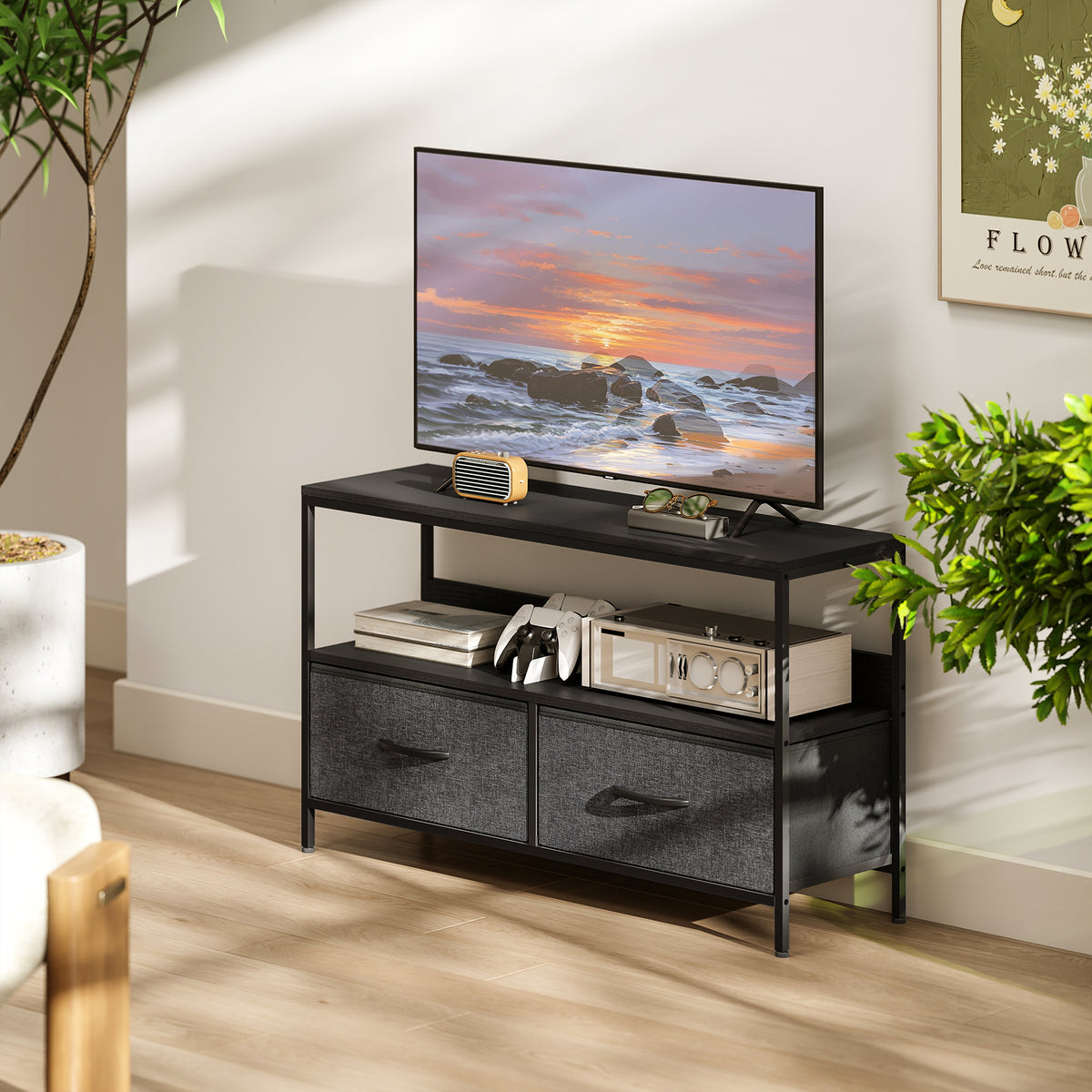 TV Stand with Charging Station, TV Table with 2 Foldable Linen Drawers and Open Shelf for 47 Inch – view 6