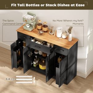 47" Buffet Cabinet with Soft-Close Hinges, Farmhouse Sideboard with 3 Drawers, Adjustable Shelves and Spice Racks, Black
