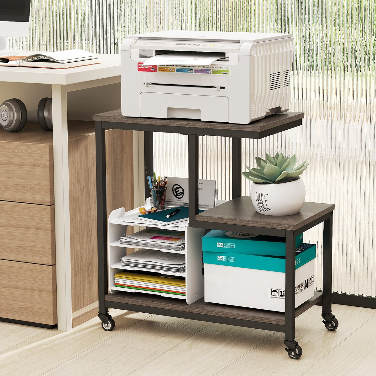 G-shaped Side Table 3-Tier Mobile End Table with Open Shelves-Gray view 2