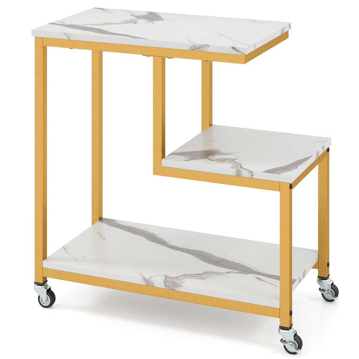 G-shaped Side Table 3-Tier Mobile End Table with Open Shelves-White