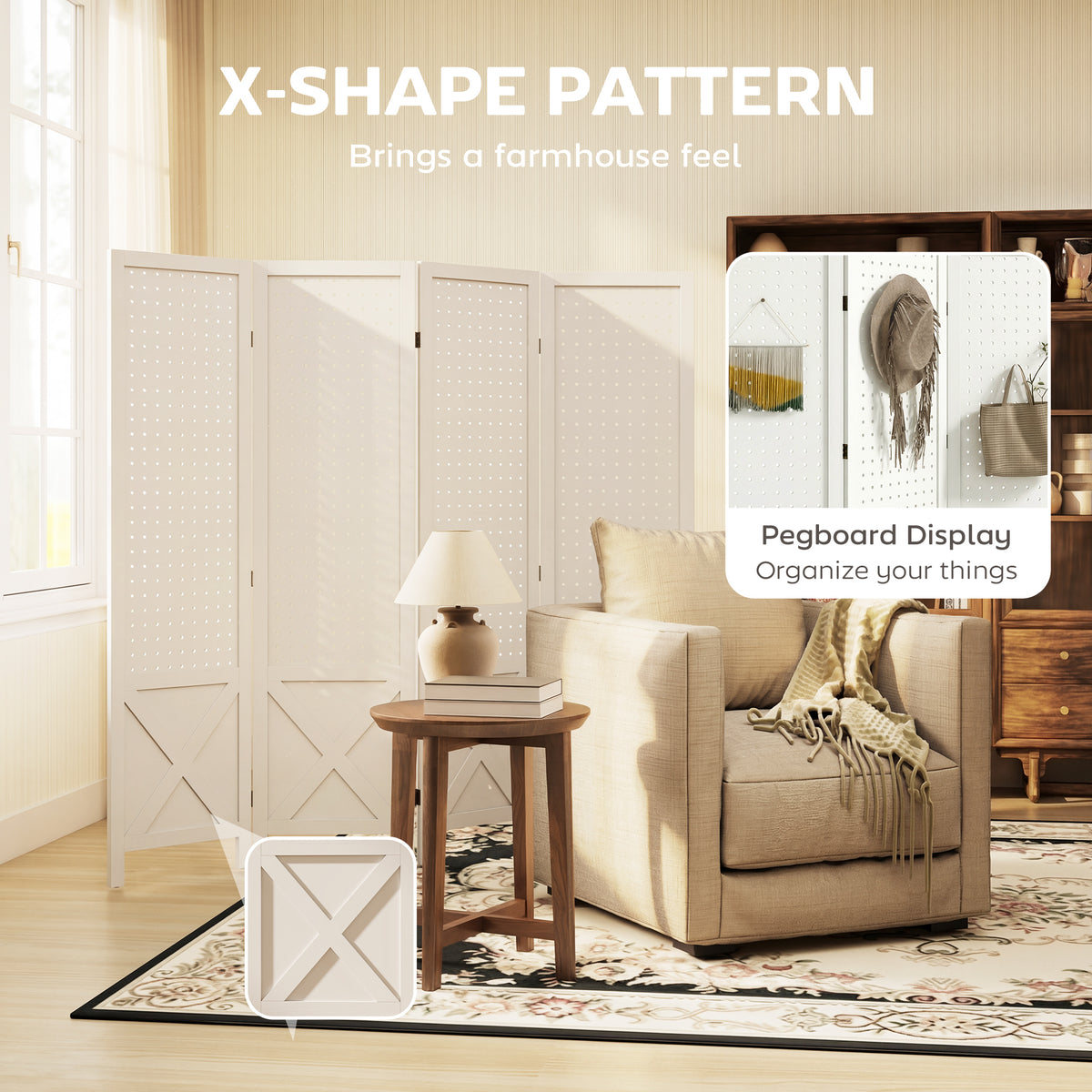 4.7' 3 Panel Wooden Room Divider with Pegboard Display, Folding Privacy Screen for Home Office, Natural – view 24