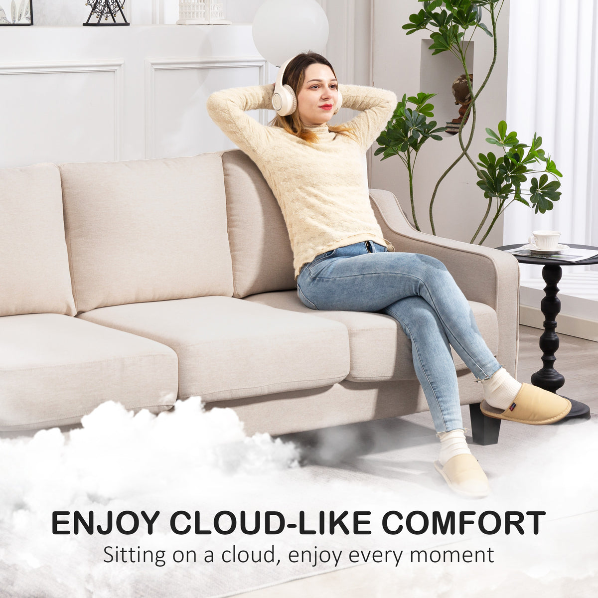 3 Seater Sofa, Modern Couch with Pocket Spring, Linen Upholstered, Thick Padded, Beige – view 3