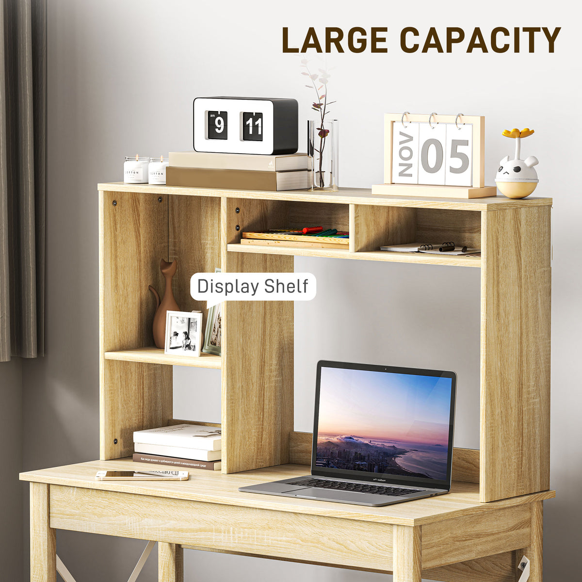 Computer Desk with Hutch, Home Office Table with Storage Shelves and Open Compartments for Writing, Work – view 10