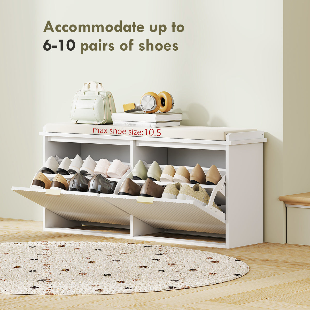 Entryway Bench with Padded Seat and Flip-Drawers, Holds up to 265lbs – view 11