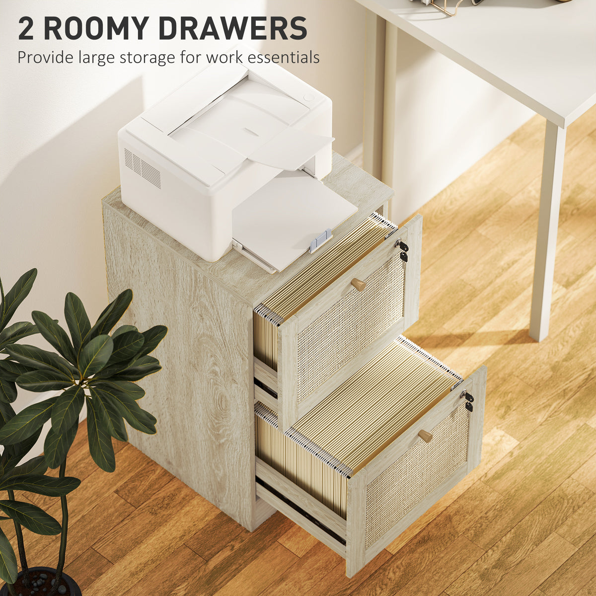 2 Drawer Filing Cabinet with Lock, Boho File Cabinet for A4 Letter Size Files with Decorative Rattan – view 3