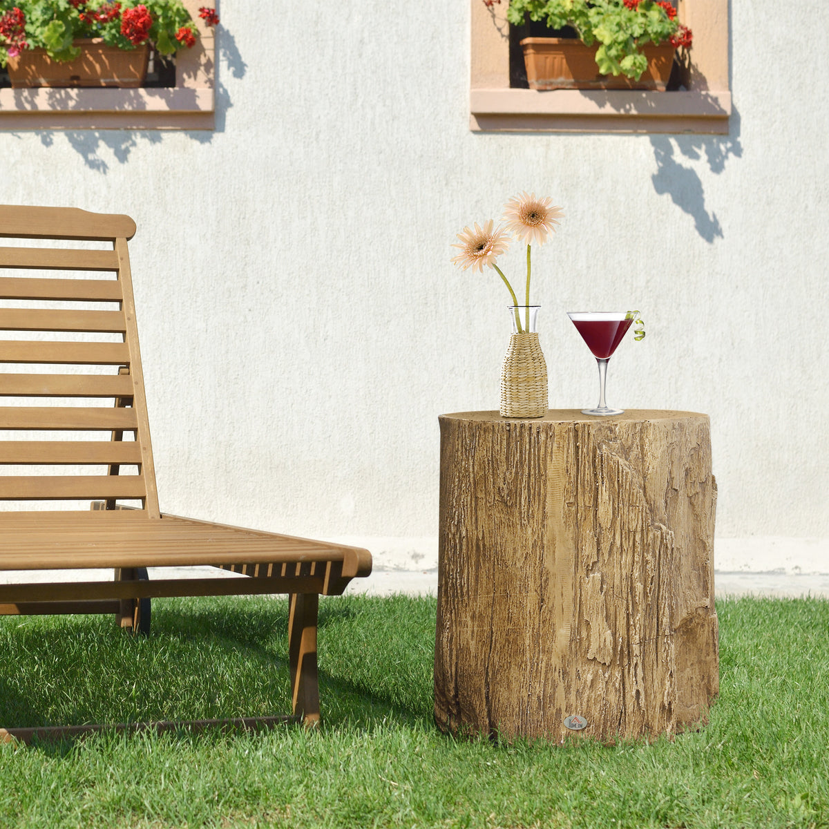 Concrete Finish Side Table, Lightweight Accent Table, 17" Patio Tree Stump End Table with 4 Adjustable Feet for Indoor, Outdoor, Natural Brown