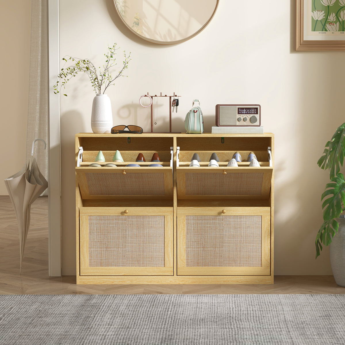 Narrow Shoe Storage Cabinet, Rattan Shoe Cabinet with 4 Flip Drawers and Adjustable Shelves for 20 Pairs – view 6