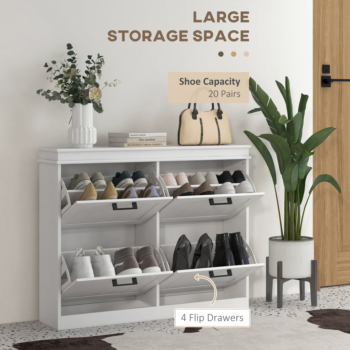 Shoe Storage Cabinet with 4 Flip Drawers and Adjustable Shelves, Narrow Shoe Cabinet for 20 Pairs of Shoes, White