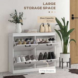 Shoe Storage Cabinet with 4 Flip Drawers and Adjustable Shelves, Narrow Shoe Cabinet for 20 Pairs of Shoes, White
