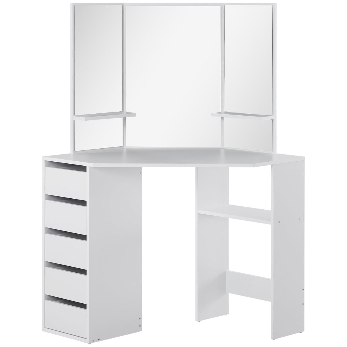 Corner Vanity Desk with Mirror, Makeup Vanity Table with 5 Drawers and Open Shelves – view 8