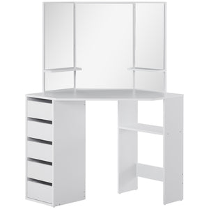 Corner Vanity Desk with Mirror, Makeup Vanity Table with 5 Drawers and Open Shelves – view 8
