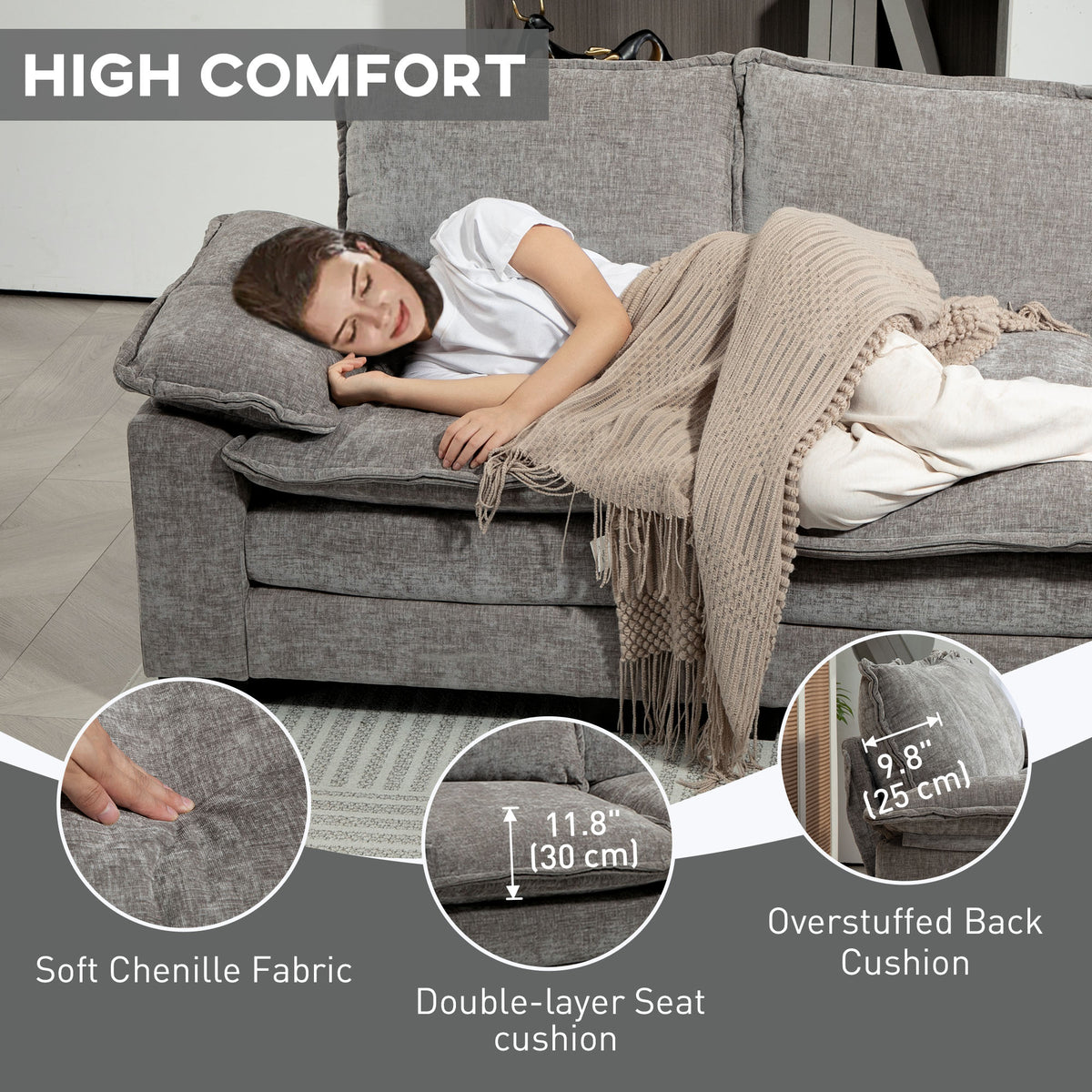 Sofa Couch with Chaise Lounge, Chenille L-shaped Couch with Double-layer Seat Cushion for Living Room, Grey