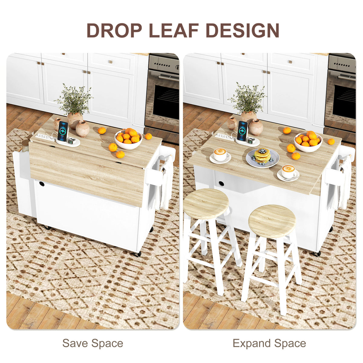 Kitchen Island with Storage, Rolling Kitchen Cart with Foldable Drop Leaf, Power Outlet and USB Ports, Black – view 10