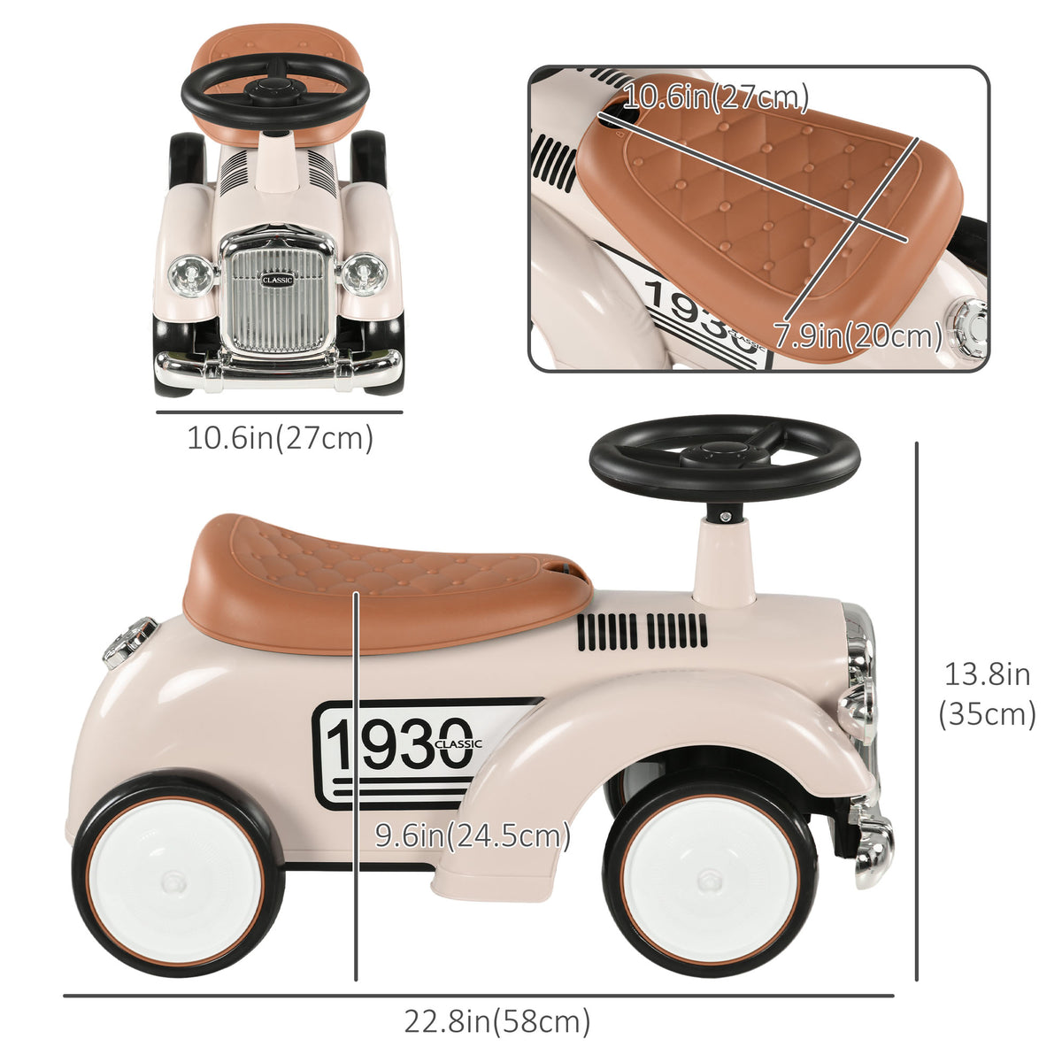 Aosom Ride on Sliding Classic Car for Toddlers, Foot To Floor Slider with Under Seat Storage, Aged 18-36 Months, Cream White
