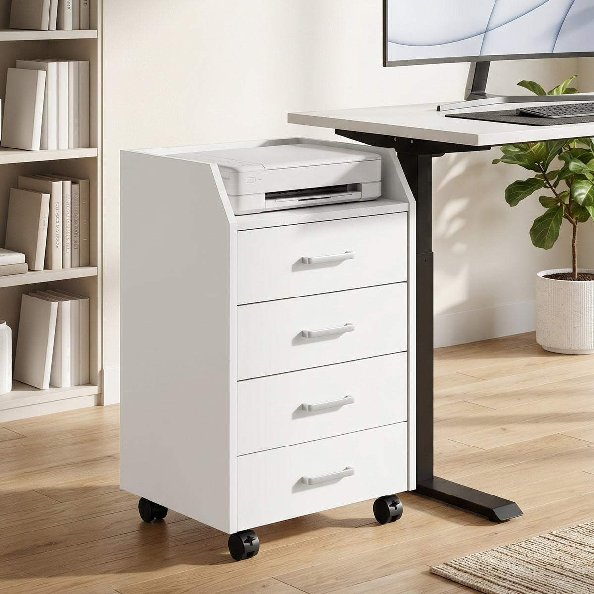 4-Drawer Vertical Mobile Filing Cabinet, File Cabinet with Lockable Wheels for Home Office, White
