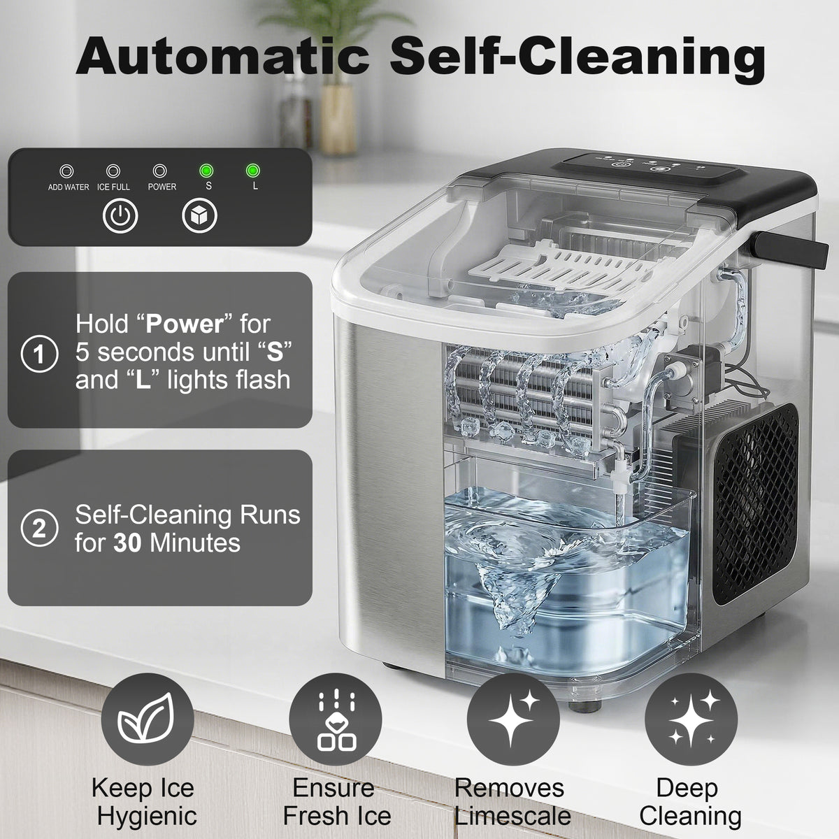 Portable Ice Maker Countertop, Self-Cleaning Ice Machine with 2 Bullet Ice Sizes, Ice Scoop, Silver