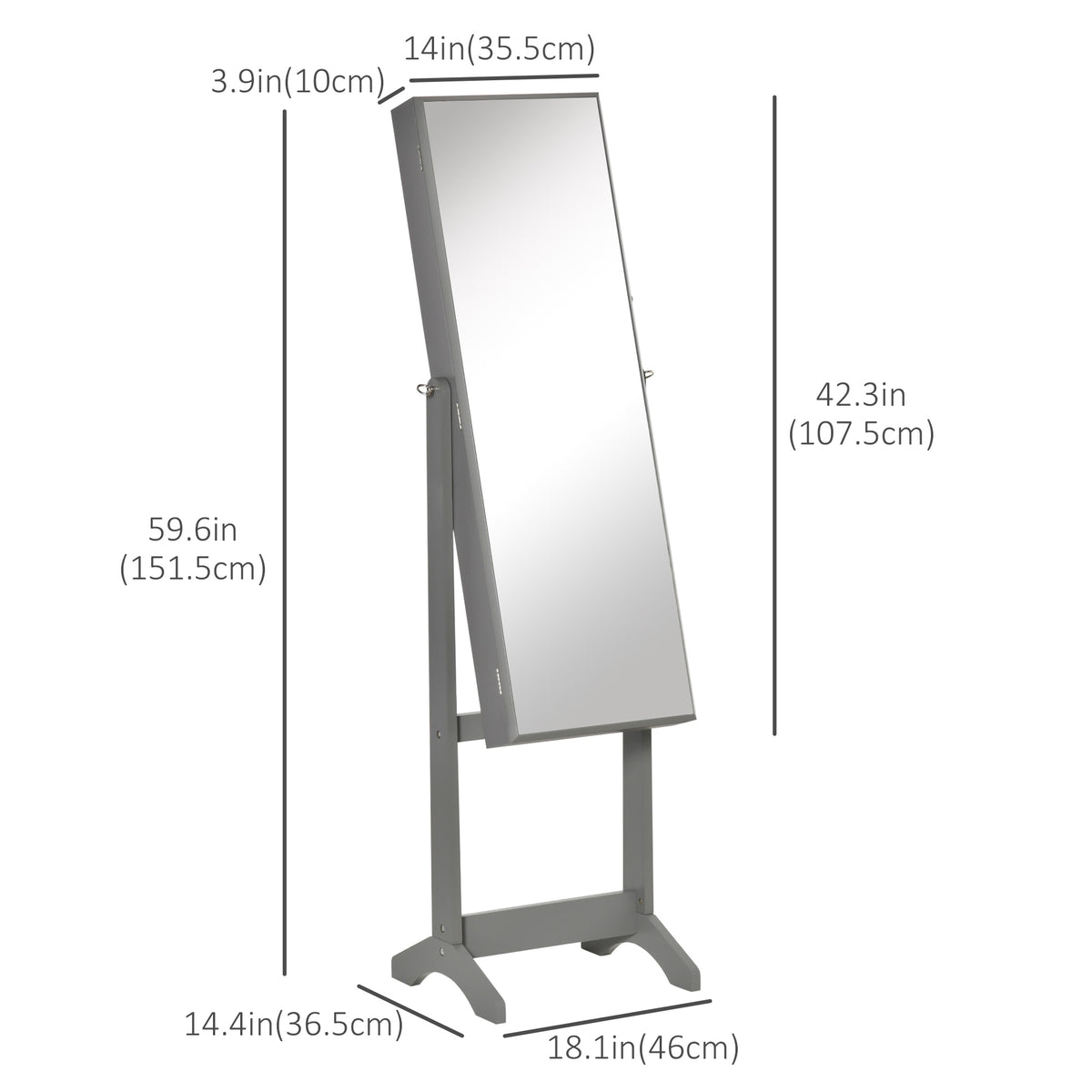 Mirror Jewelry Cabinet Armoire, Lockable Jewelry Organizer with Full-Length Mirror, 3 Angle Adjustable, Grey – view 2