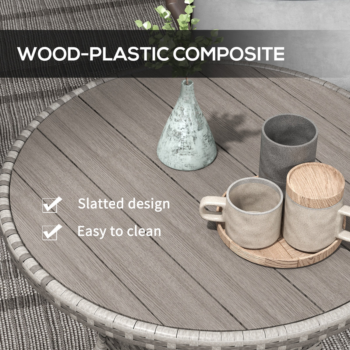 27.5" Outdoor Wicker Dining Table, PE Rattan Patio Furniture with Wood-plastic Composite Top, Grey – view 4