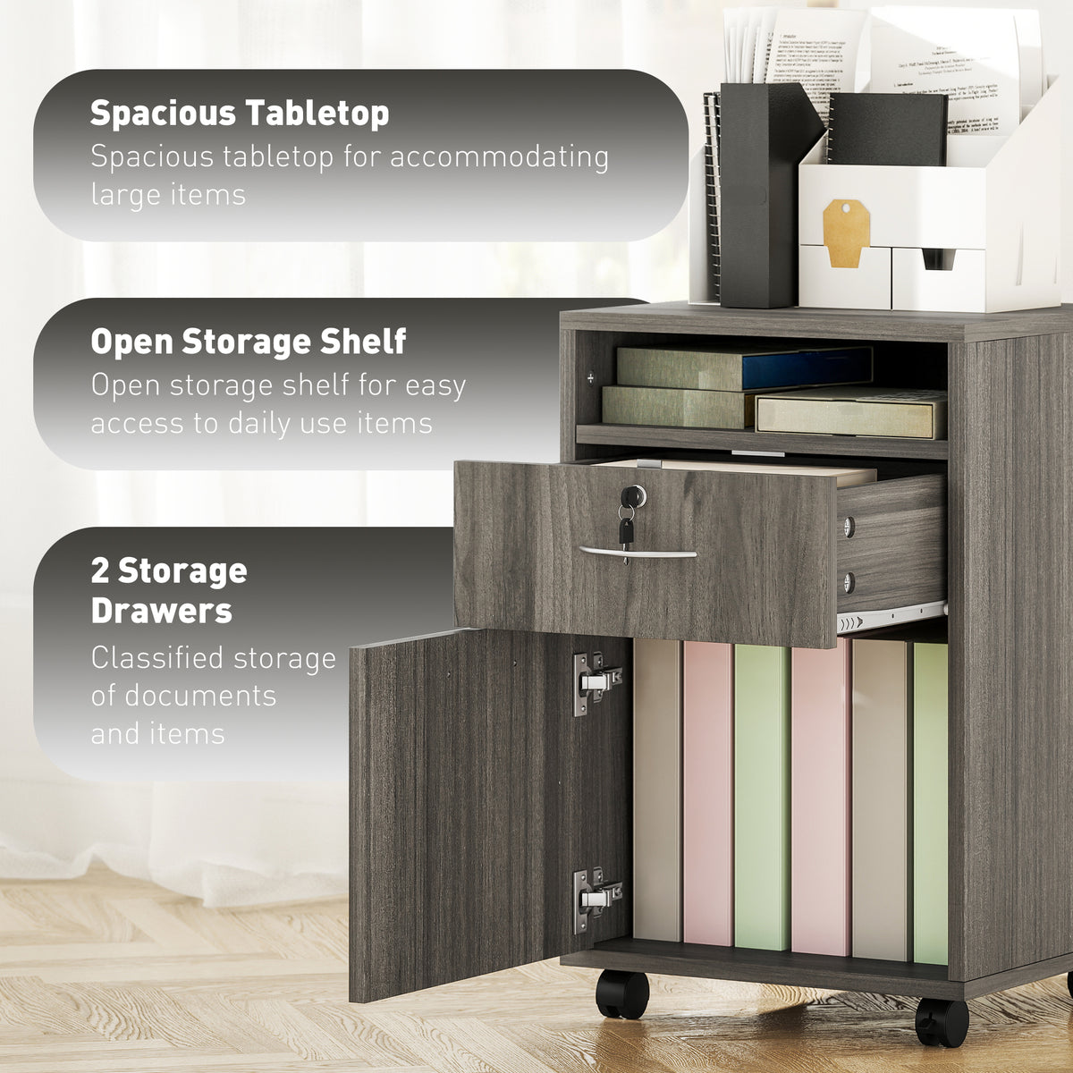 24" Filing Cabinet with Open Compartment, Lockable Drawer and Wheels, Home Office Storage Cabinet, Distressed Grey