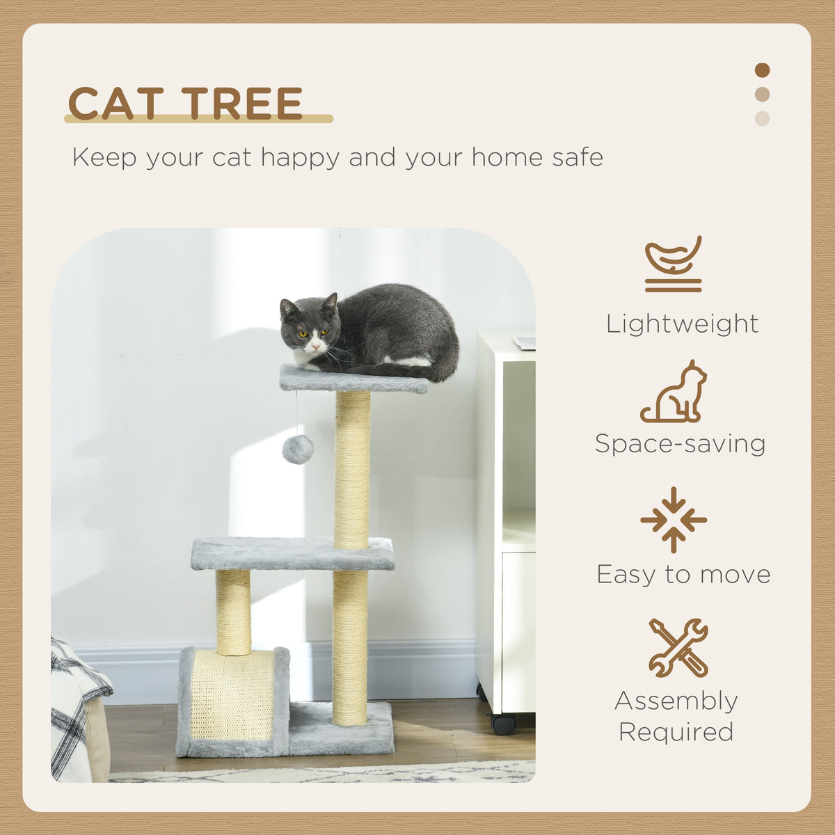 28" Cat Tree with Scratching Post, Pad, Toy Ball for Indoor Cats, Light Grey