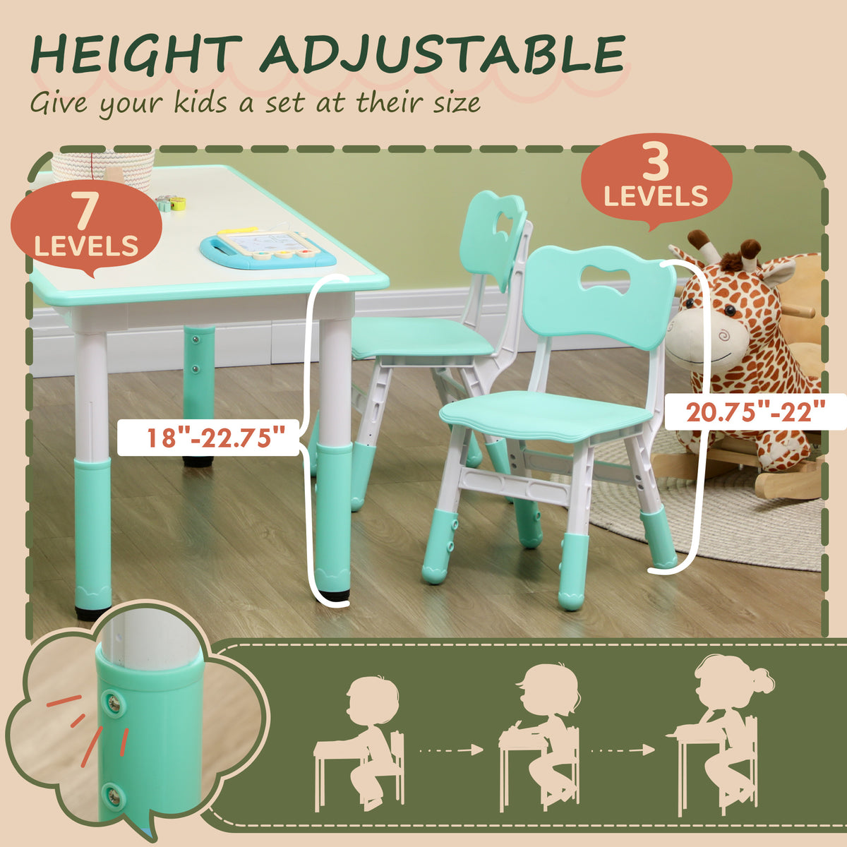 Qaba Kids Table and Chair Set with 4 Chairs, Adjustable Height, Easy to Clean, for 1.5 - 8 Years Old