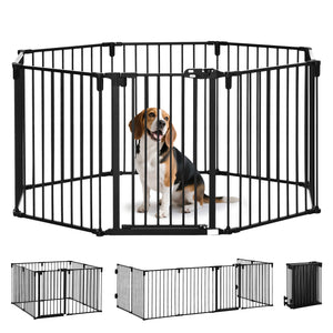 Dog Safety Gate 8-Panel Playpen Fireplace Christmas Tree Steel Fence Stair Barrier Room Divider Black