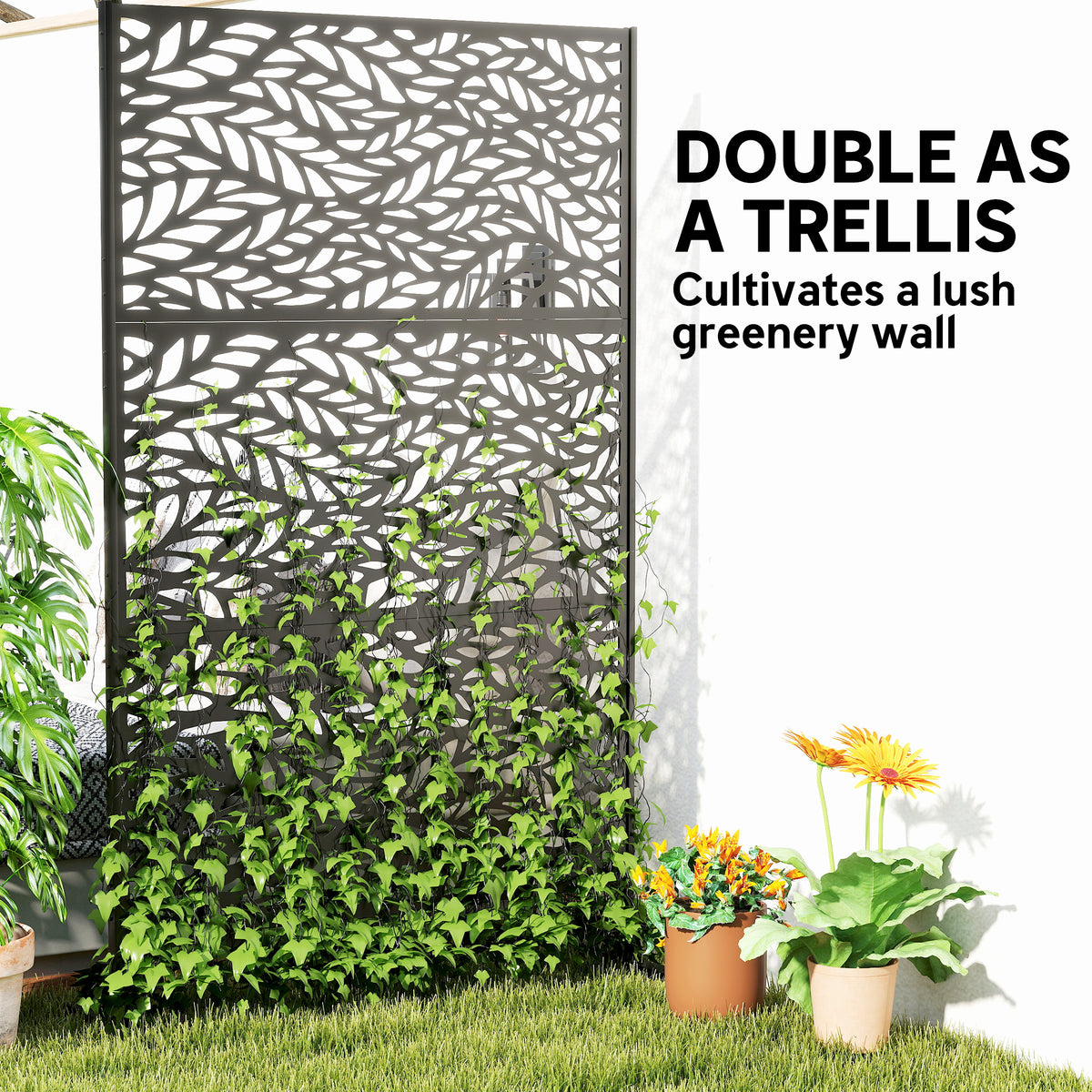 Metal Outdoor Privacy Screen, Freestanding Outdoor Divider with Stand, 78" x 48", Black