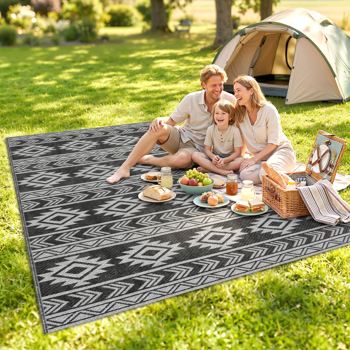Reversible Outdoor RV Rug, Patio Floor Mat, 6' x 9' Plastic Straw Rug for Backyard, Deck, Beach, Camping, Black & Grey