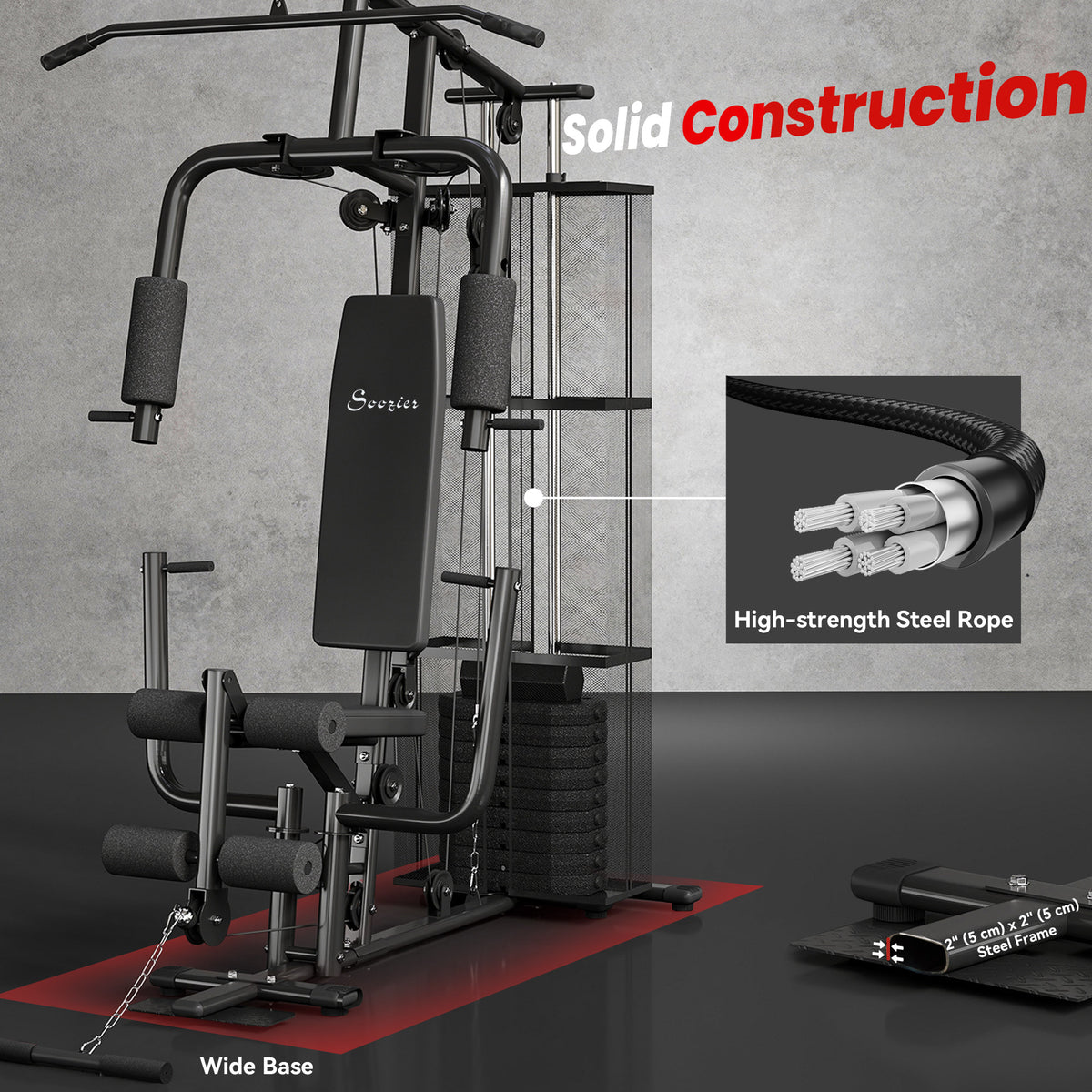 Soozier Home Gym, Multifunction Gym Equipment Workout Station with 100Lbs Weight Stack for Lat Pulldown, Leg Extensions, Preacher Bicep Curls, Triceps Pulldowns, Chest Press, Black