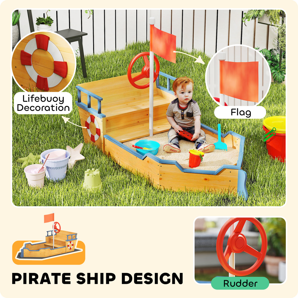 Kids Wooden Sandbox Pirate Ship Sandboat Outdoor Backyard Playset Children Sandpit w/ Bench Seat Storage Space & Flag for 3-6 Years Old