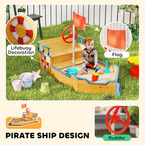 Kids Wooden Sandbox Pirate Ship Sandboat Outdoor Backyard Playset Children Sandpit w/ Bench Seat Storage Space & Flag for 3-6 Years Old