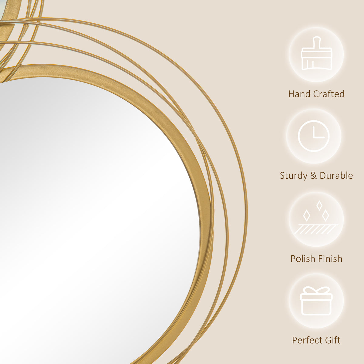 Metal Wall Art Gold Frame Circle Bathroom Mirror Decor Home Hanging Wall Sculptures, 42.25"L x 22"W x 1.5"H, Gold